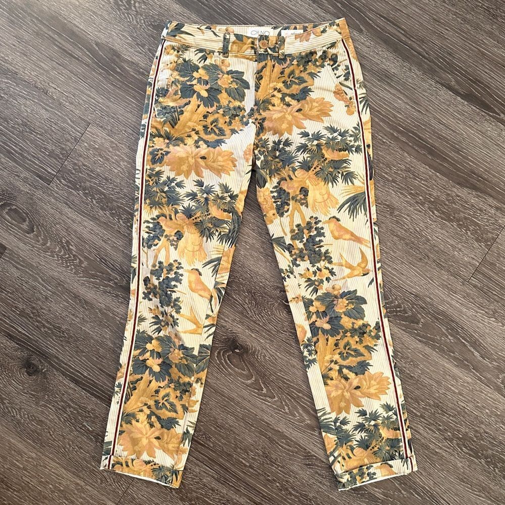 Anthropologie botanical bird chinos